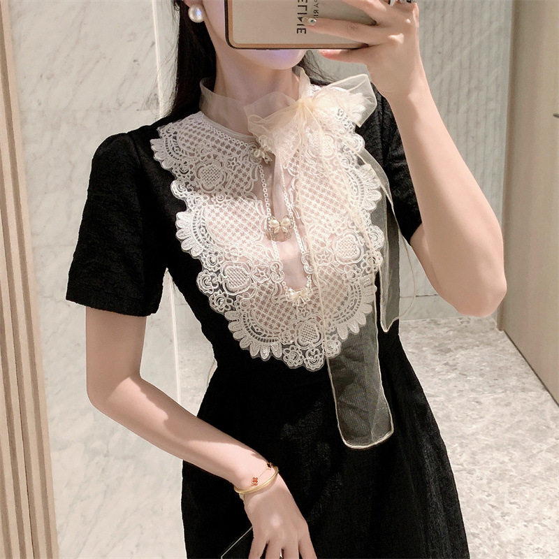 Đầm maxi nữ ren hoa thêu tay ngắn cổ tròn eo cao — Xanh chi tiết 2