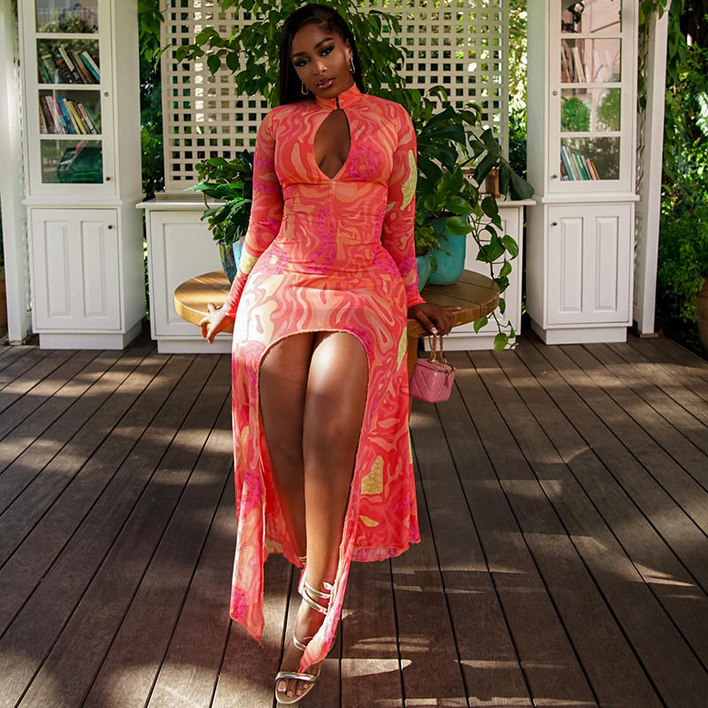 Deep V Neck Hollow Out High Slit Bodycon Dress Floral Print Spring Summer Beach Vacation Wholesale Available
