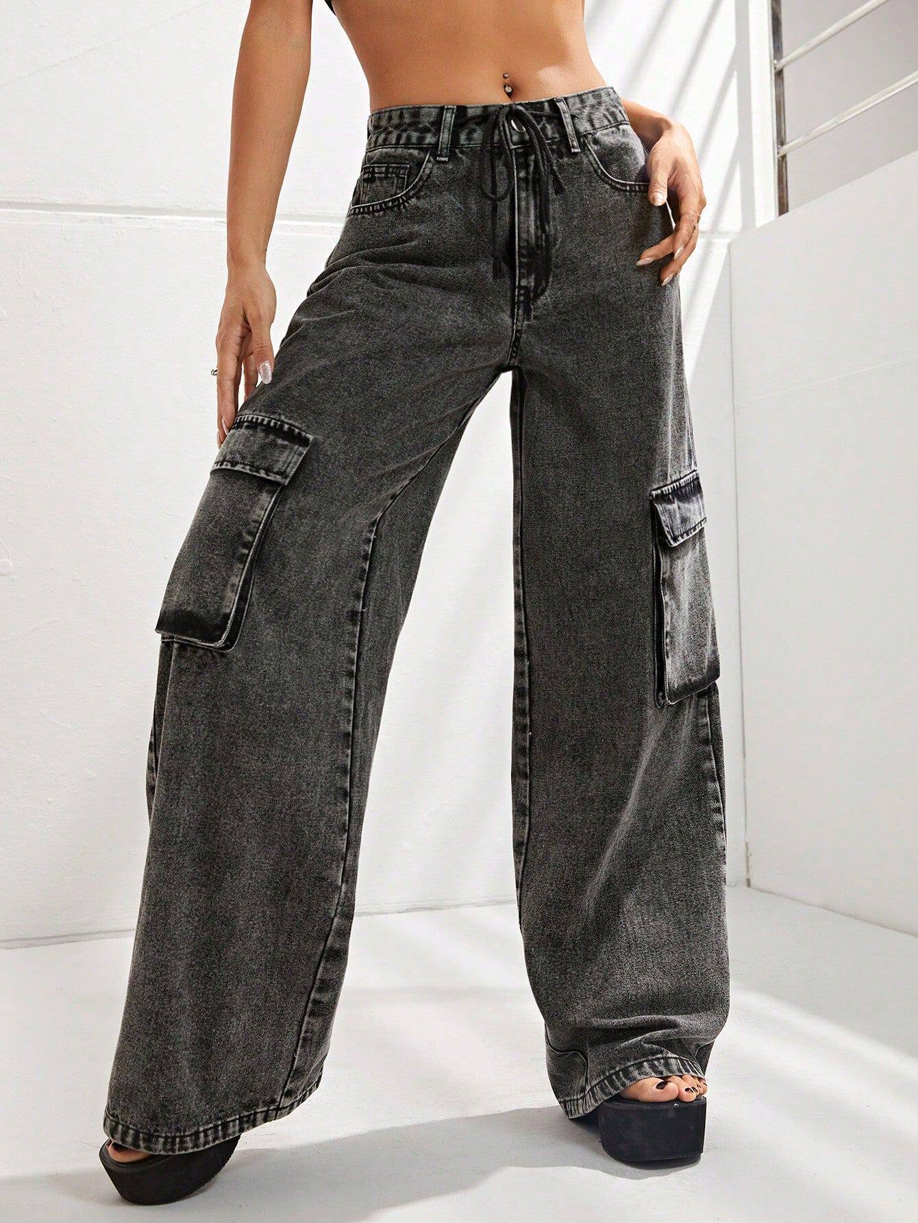 High Waisted Loose Fit Denim Cargo Pants Plus Size Big Pockets Comfortable Fabric Casual Wear for Women Wholesale