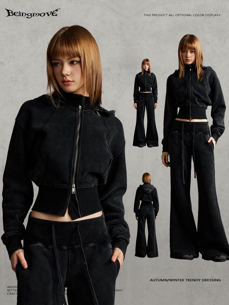 Street Style Retro Washed Sports Detachable Cardigan Hooded Sweatshirt Outdoor Micro-Flared Slim Trousers Suit for Women