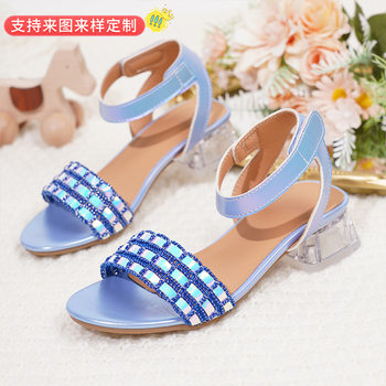 2025 New Girls Crystal Heel Sandals Children's Soft Soled Princess Shoes Plaid and Fashionable Little Girls Casual Leaky Toe Shoes