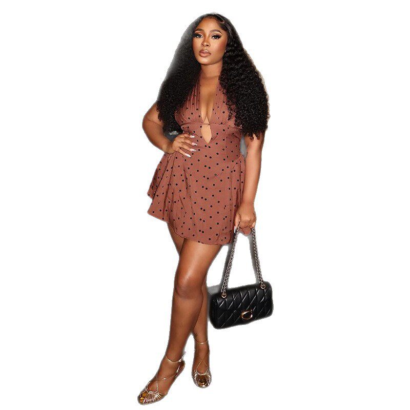 Fashion Womens A Line Dress Floral Print Slim Fit Polka Dot Ruffled Tie Neck V Neck Casual Summer Wear