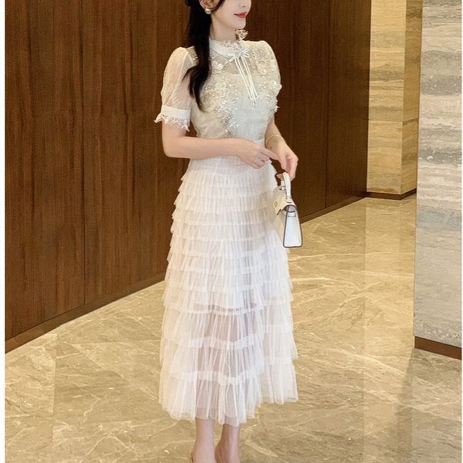 Lace Mesh A Line Dress Elegant High Collar Short Sleeve Slim Fit Summer Cocktail or Party Wear OEM Available