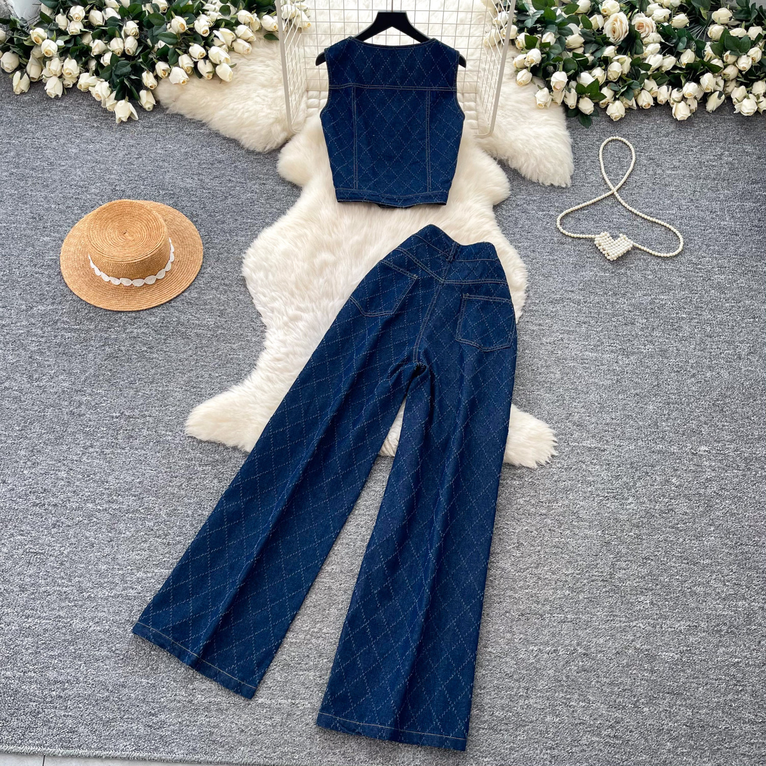 Korean Style Womens Denim Two Piece Set Sleeveless Top High Waisted Trousers Slim Fit Summer Casual Wear Wholesale