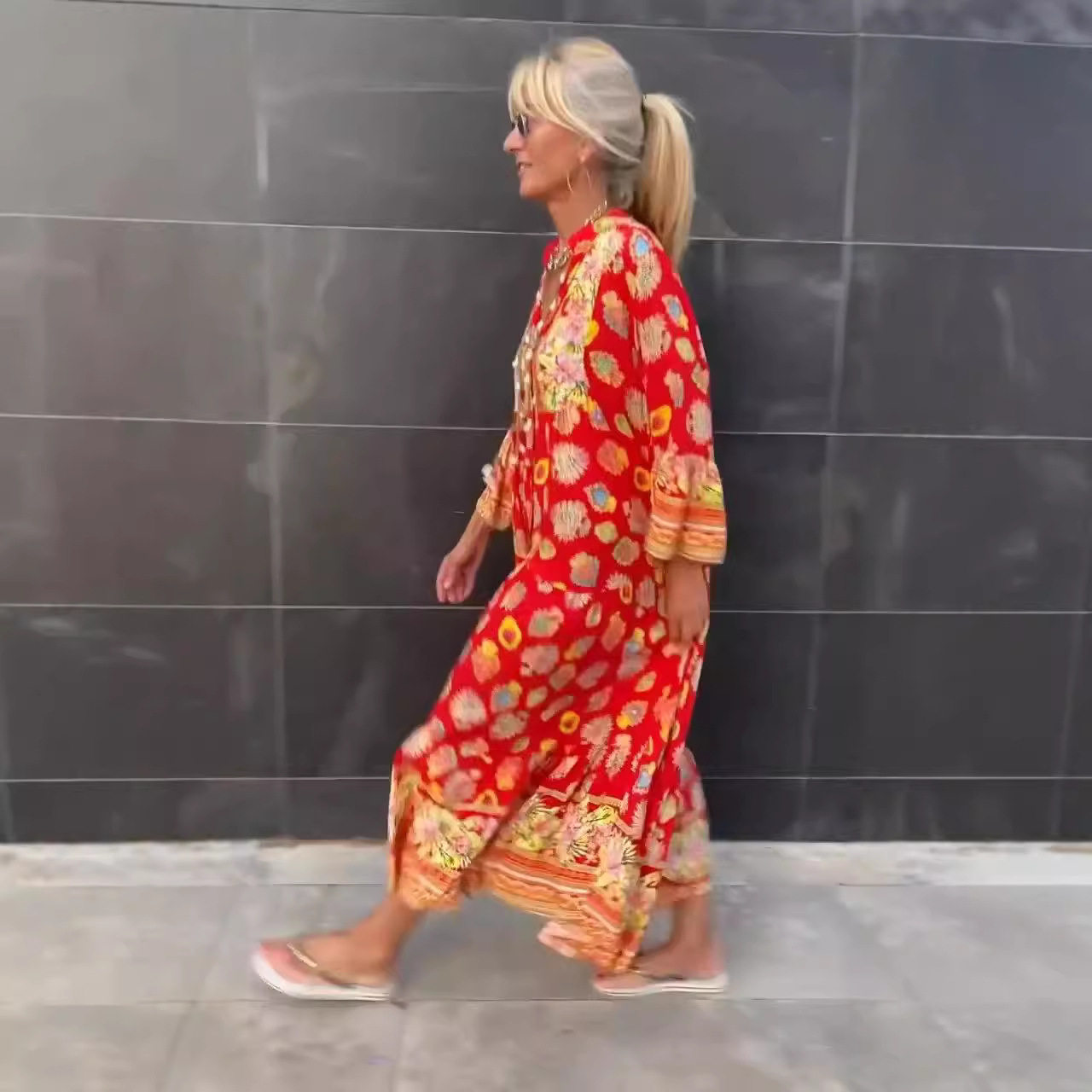 Floral Print Maxi Dress Elegant Fit Flared Hem Long Sleeve Spring Fall Fashion for Women Wholesale Available