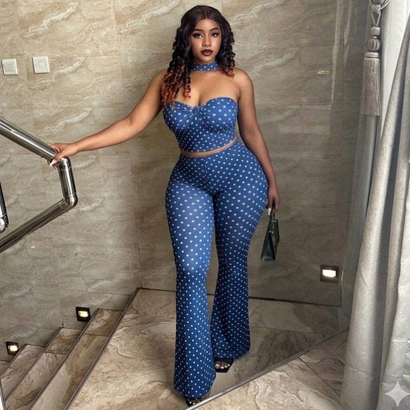 Polka Dot Two Piece Set Sexy Crop Top Wide Leg Pants Backless Design Yoga Casual Wear Wholesale Available