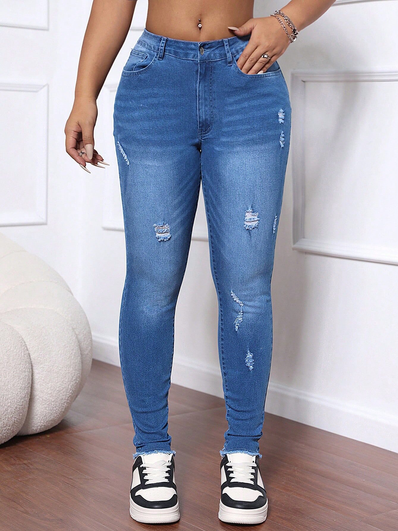 High Waisted Stretch Denim Pants Slim Fit Frayed Hem Autumn Style Womens Casual Wear Wholesale Available