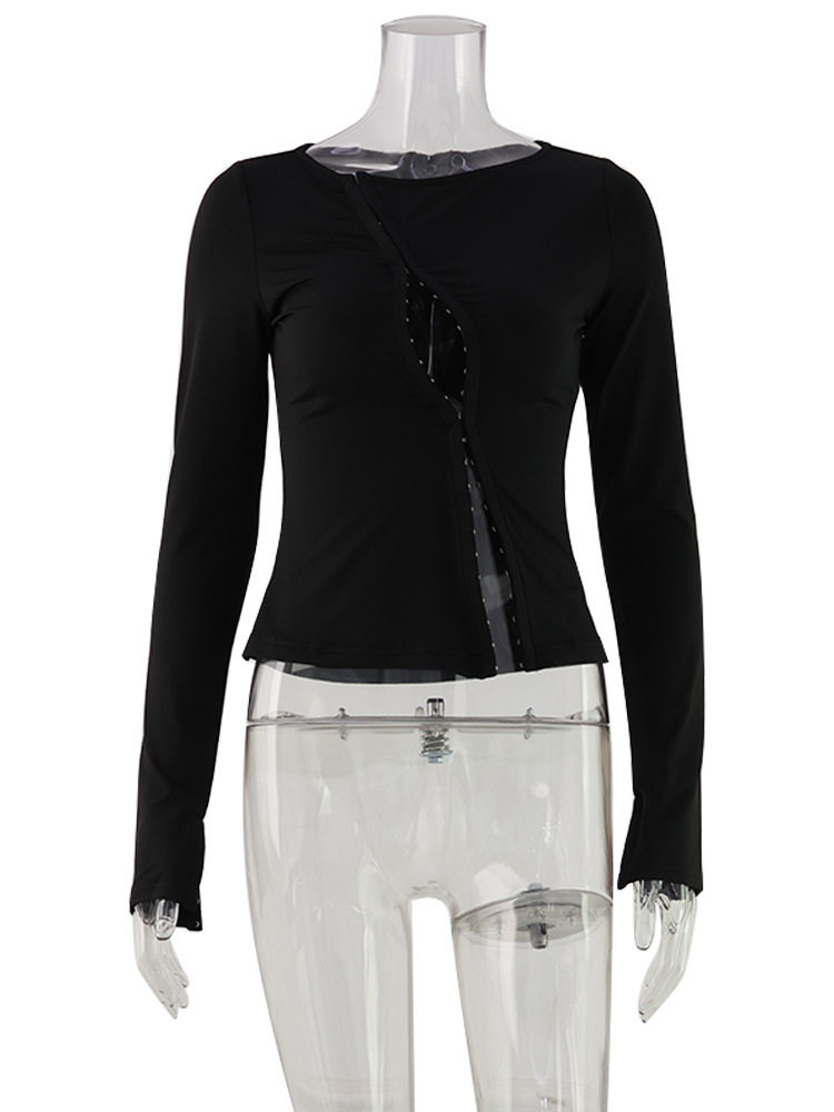 Fashionable Womens Long Sleeve T Shirt Sexy Design Round Neck Button Detail Casual Streetwear Wholesale Available