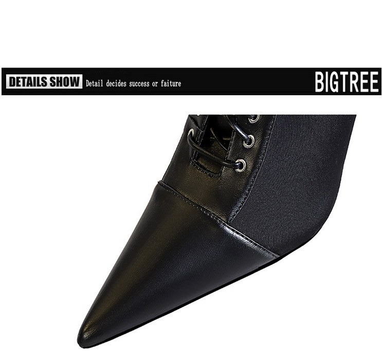 Boot nữ cổ thấp mũi nhọn gót cao phối dây buộc chéo, khóa kéo sau — Màu đen
