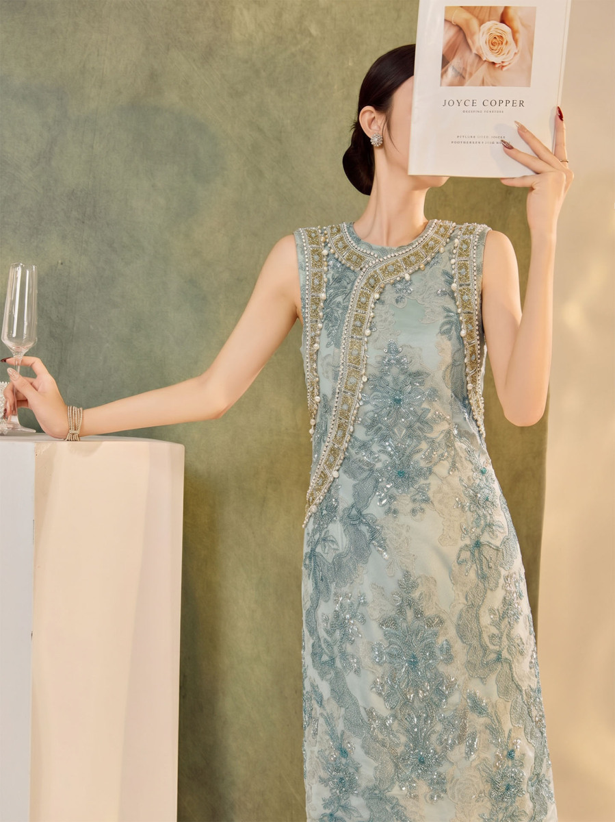 Đầm dài cách tân thêu họa tiết hoa cổ tròn tay không — Xanh lam (giao hàng trong 7 ngày), Xanh lam (giao hàng trong ngày)