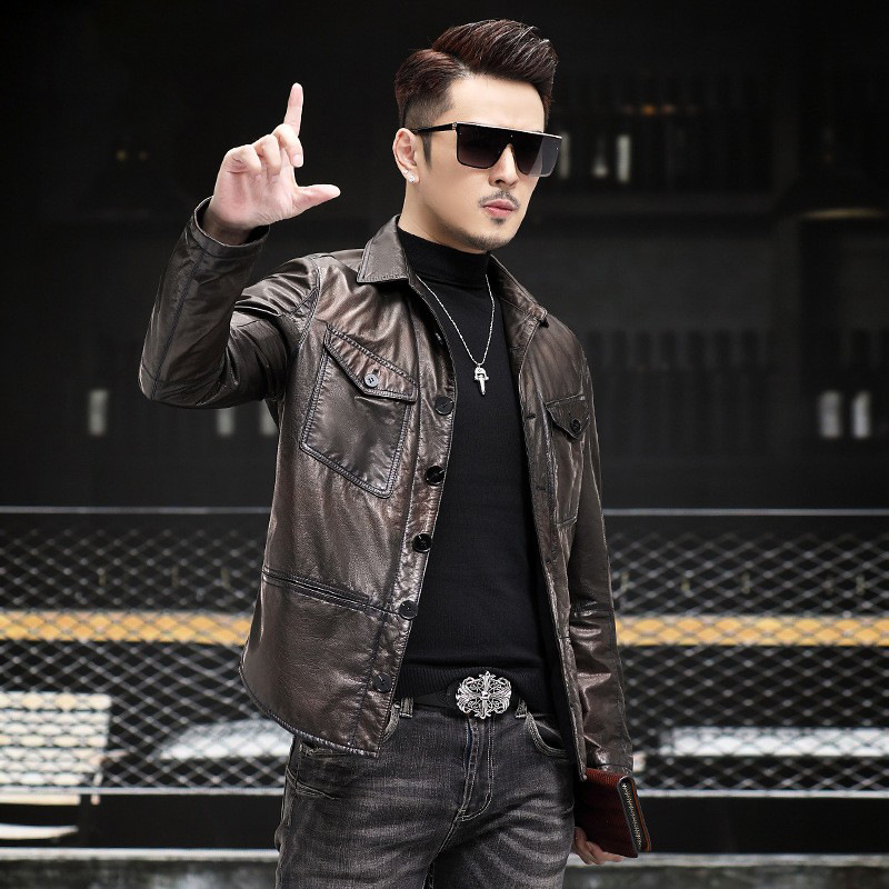 Áo Da Nam Chất Liệu Da Bò Kín Cổ Hàng Mùa Xuân Thu Đông Phục Cổ Cổ Điển