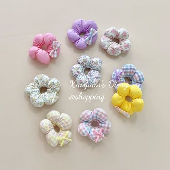 Korean style plaid floral bow ball head rubber band fabric three-dimensional flower children's hair ring sweet baby hair accessories