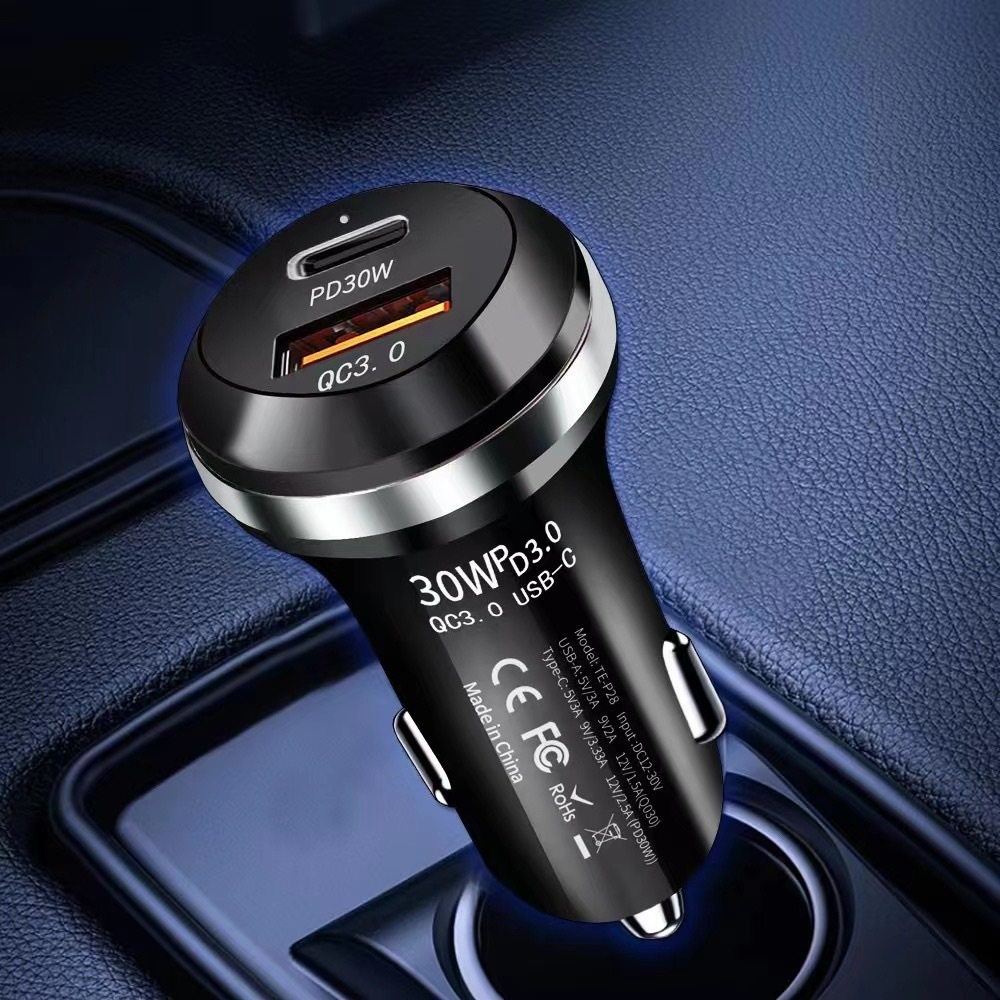 Car charger 2023 new Phnom Penh car charger A + C dual-port PD30w one drag two qc30 car charger super fast charger