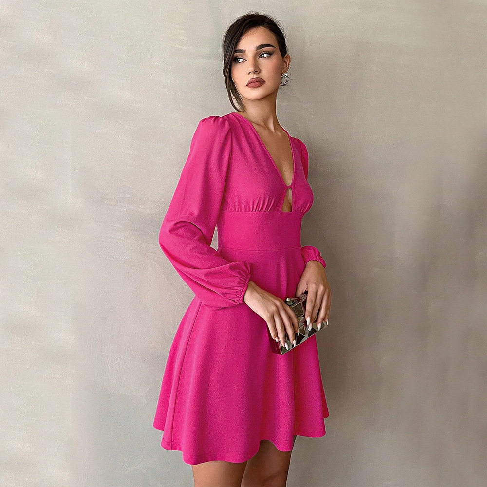 Womens Mini A Line Dress V Neck Puff Sleeves Waist Defined Elegant Autumn Winter Style Wholesale Available