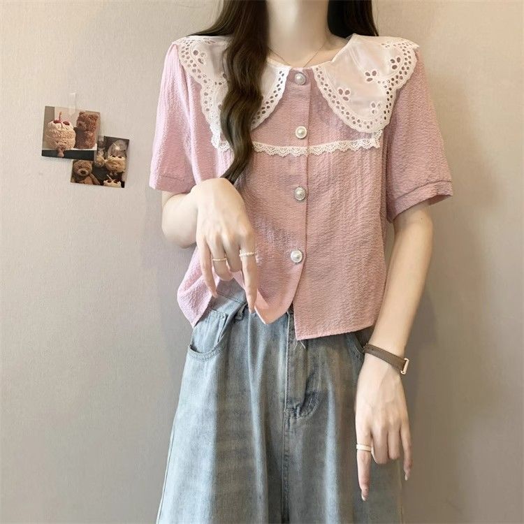 Pink Short Sleeve Doll Collar Blouse for Women Lightweight Comfortable Unique Design Summer Casual Wear Wholesale