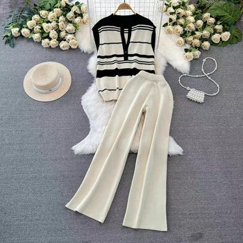 Fashion Set Women's Korean-style Sleeveless Collar Slim-fit Striped Sweater Top Two-piece Casual High Waist Wide-leg Pants