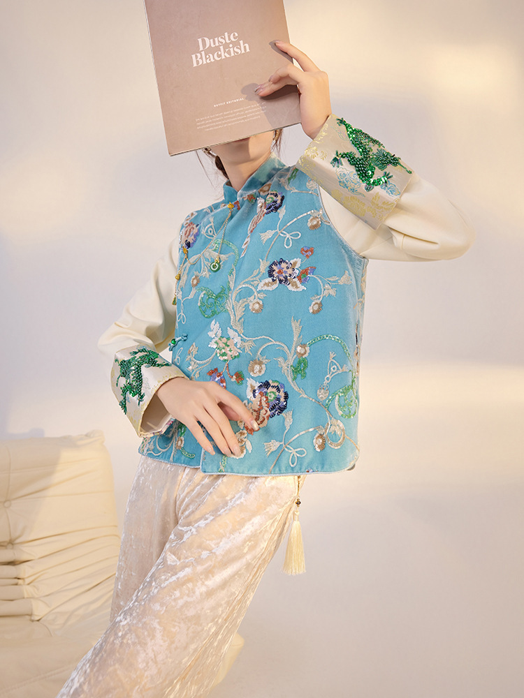 Áo vest nữ dáng ngắn thêu hoa chất liệu satin phối sequin — Màu xanh da trời (giao hàng trong 7 ngày), Màu xanh da trời (phát hành cùng ngày)