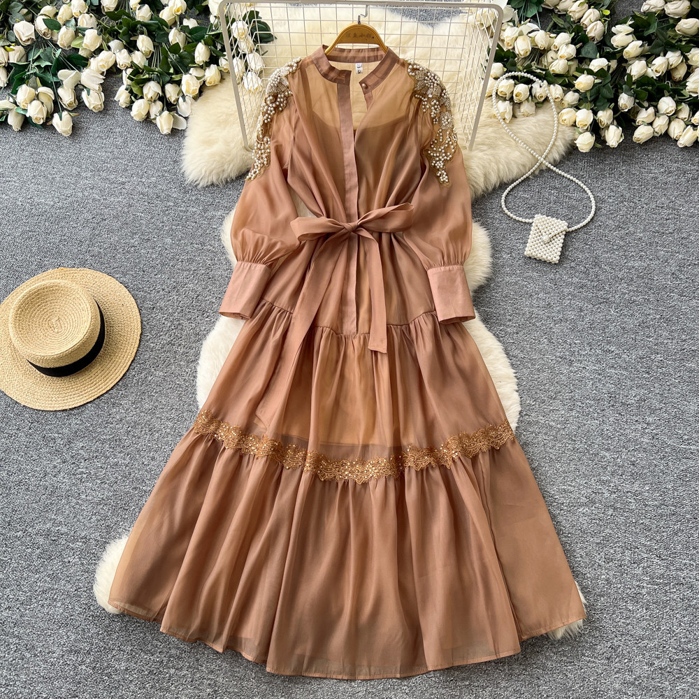 French Style Lantern Sleeve Embroidered Dress Beaded Waist Tie A Line Silhouette Elegant for Spring Wholesale
