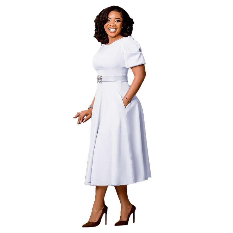 Plus Size Womens Dress Fashionable Puff Sleeve High Waist Flared Skirt Summer Occasion Wholesale Available