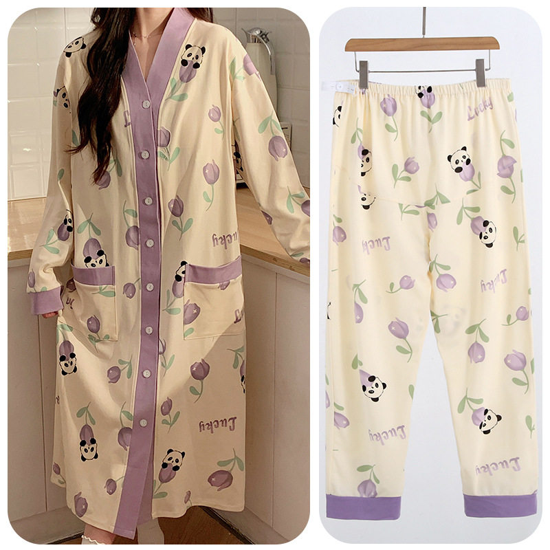 Pregnant Women's Pants with Chest Pad Two-Piece Set Spring and Autumn plus size Monthly Clothing Winter Hospital Internal Examination Nursing Nightdress