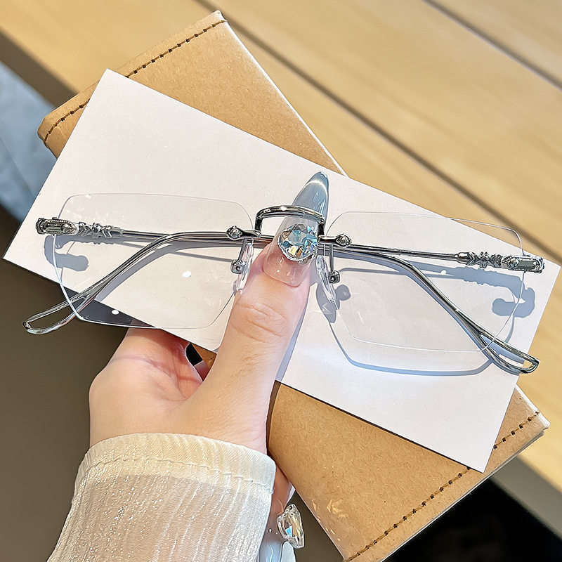 Silver Rimless Square Anti-Blue Light Flat Mirror Sexy Y2K Elegant Glasses Frame Can Be Matched with Myopia Men's and Women's Glasses Frames