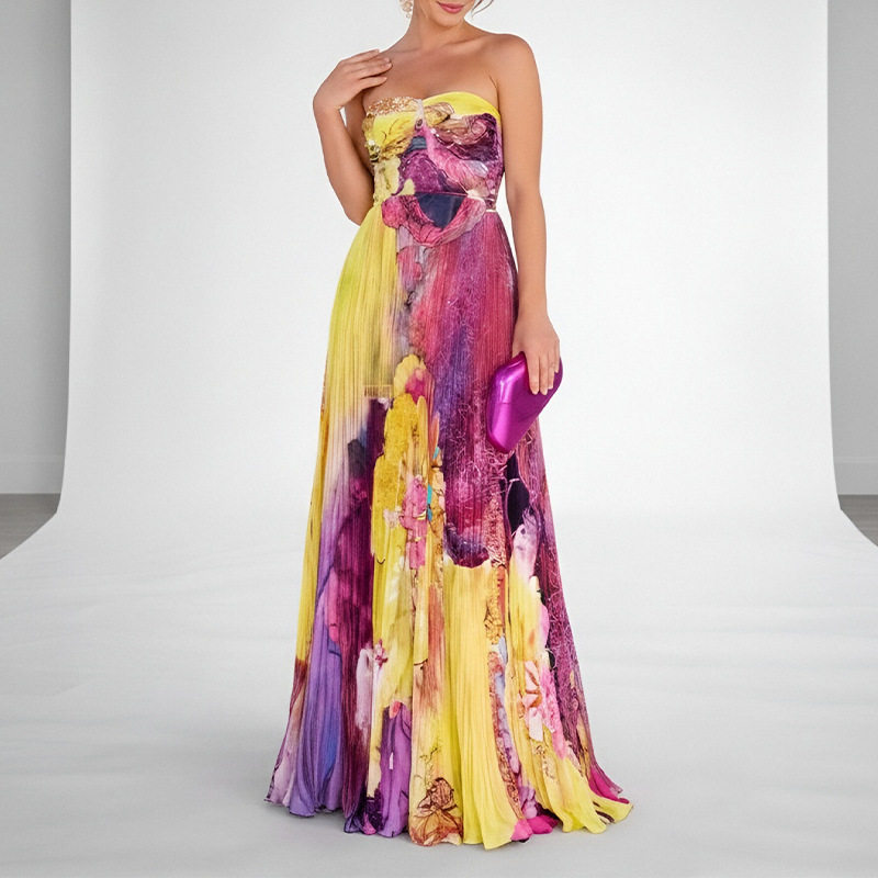 Summer Womens Dress Elegant Floral Print Strapless Design Comfortable Fabric Perfect for Parties and Events