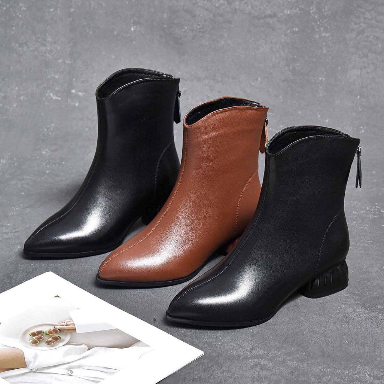 Mã D5454 Giá 1580K: Boot Cổ Thấp Nữ Torehu Mũi Nhọn Gót Vuông Tăng Chiều Cao Giày Dép Nữ Chất Liệu Da Bò G04 Sản Phẩm Mới, (Miễn Phí Vận Chuyển Toàn Quốc).