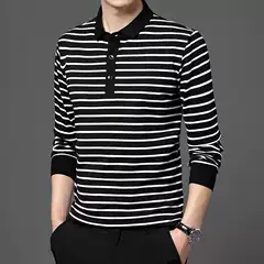 Spring and Autumn Polo Shirt Men's Fashionable Striped Contrasting Lapel Long-Sleeved T-Shirt Men's Korean-Style Slim-Fit Youth Shirt Autumn Clothes