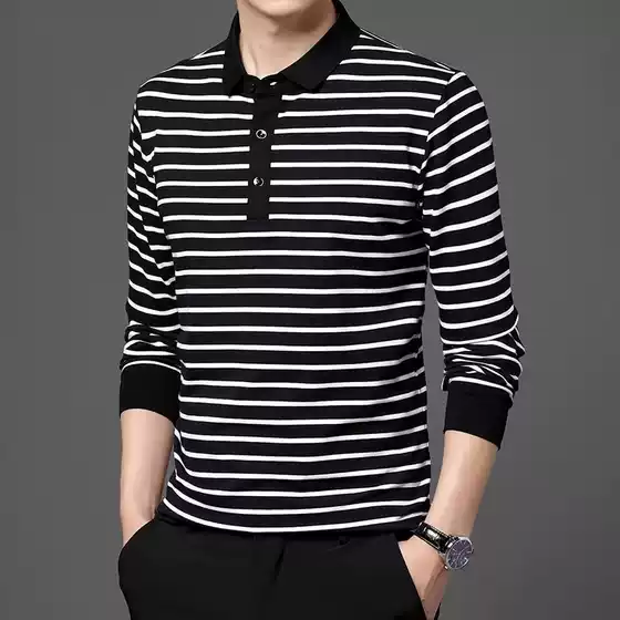 Spring and Autumn Polo Shirt Men's Fashionable Striped Contrasting Lapel Long-Sleeved T-Shirt Men's Korean-Style Slim-Fit Youth Shirt Autumn Clothes