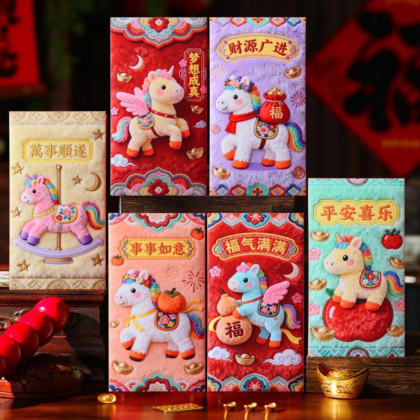 Tiktok Trending 2026 Year of the Horse Flat Embroidery Cartoon Lucky Horse Red Envelope Spring Festival Creative New Year Greeting Money Envelope