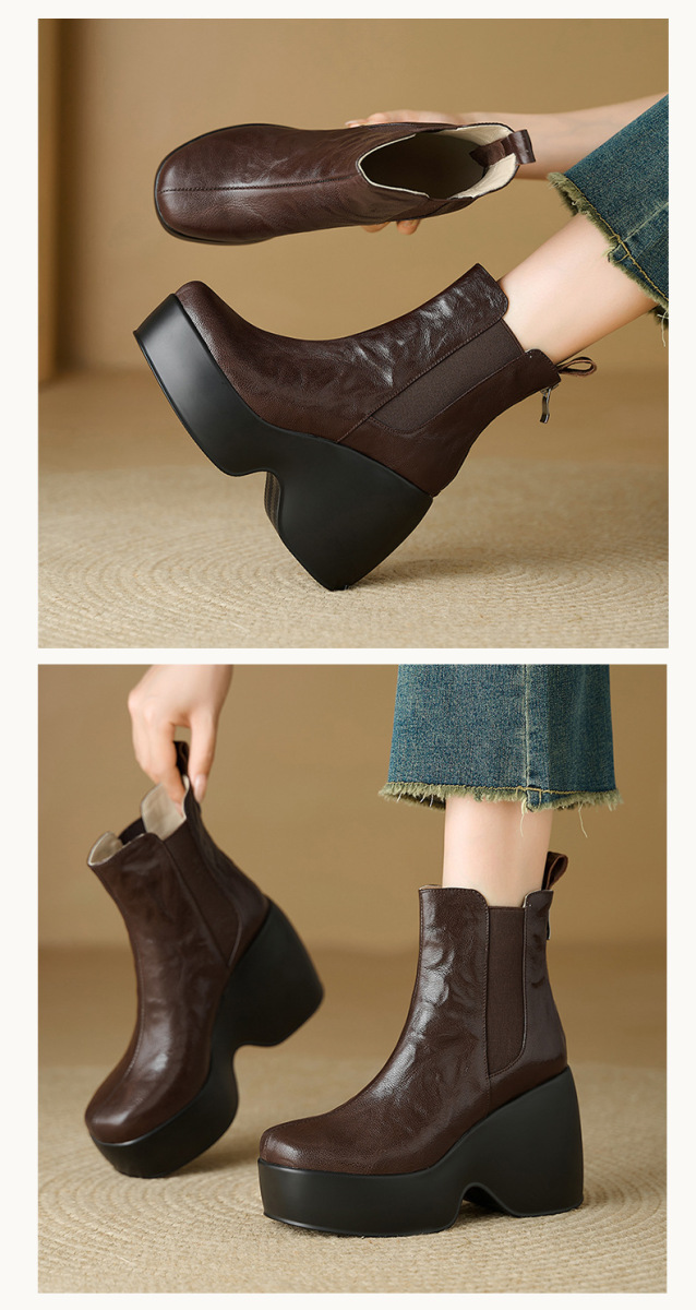 Boot nữ cổ ngắn đế dày gót xuồng mũi tròn da cừu phong cách cổ điển — màu đen, Màu nâu
