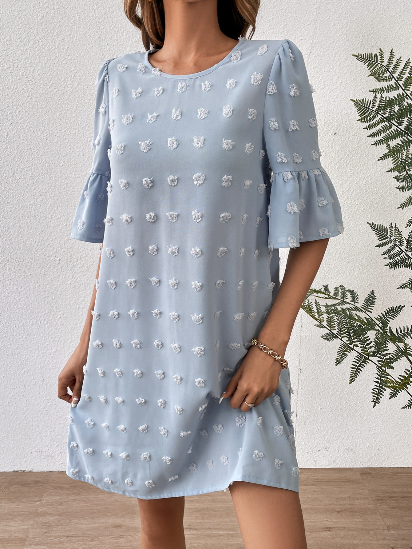 Chiffon Dress for Women Solid Color Short Sleeve Pom Detail Casual Summer Wear Wholesale Available