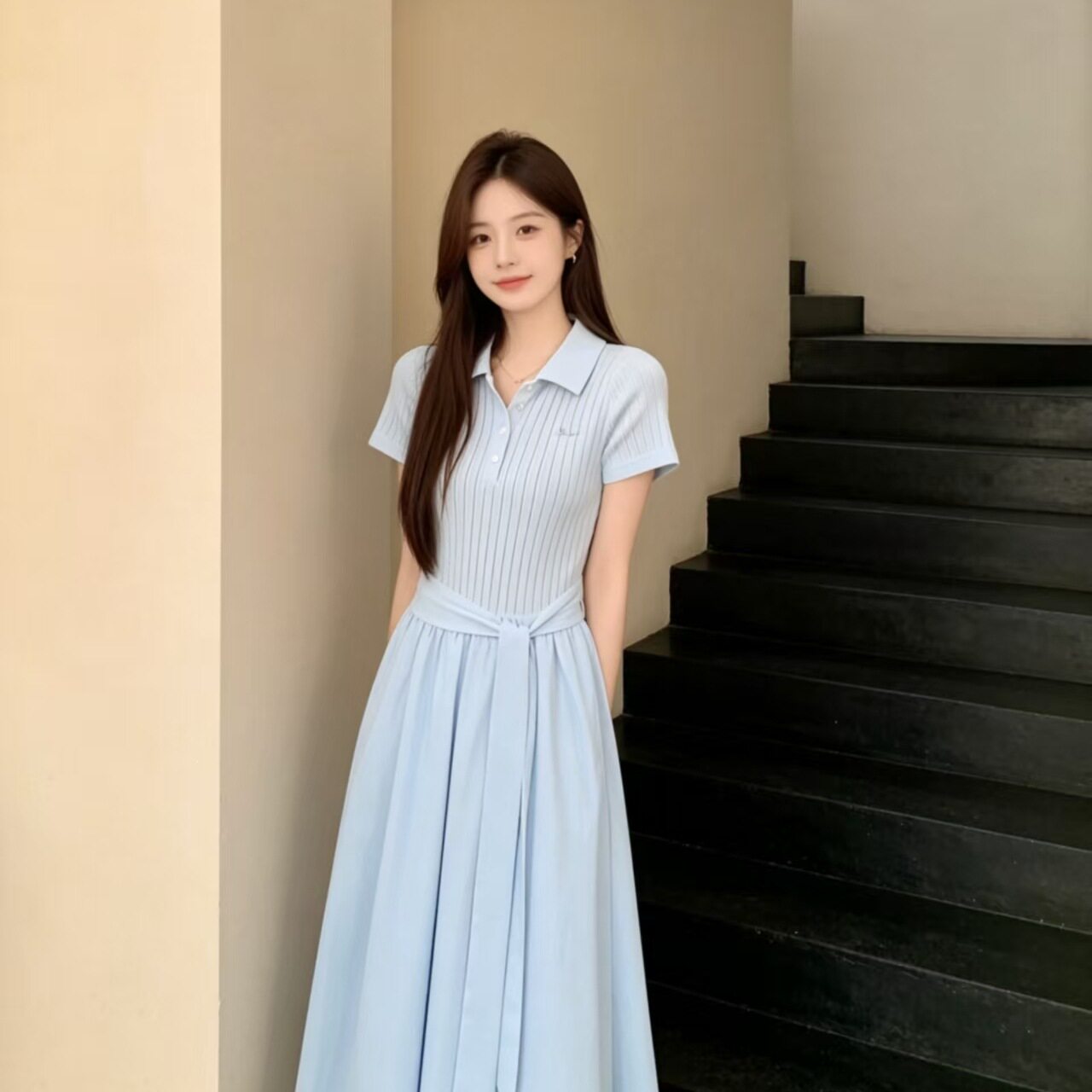 法式蓝色polo领连衣裙子女夏季2026新款小个子巨好看气质收腰长裙