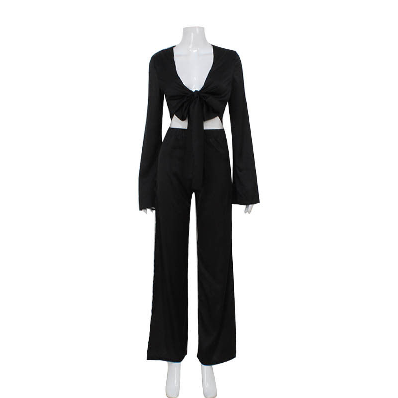 Fashionable Long Sleeve Tie Front Crop Top and Hollow Out Split Leg Pants Set Street Style Wholesale Available