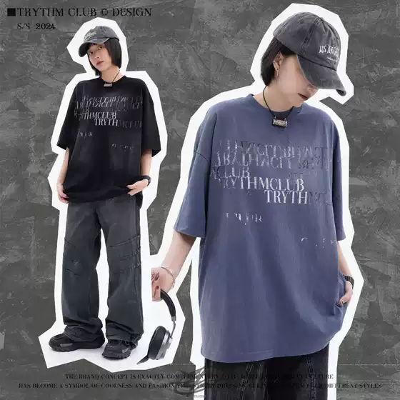 Trythmclub American Retro Slogan Gradient Printed Loose Jacket Half-Sleeved Summer Short-Sleeved Small Neckline T-Shirt
