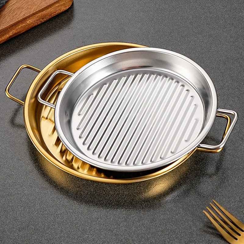 Double-Eared Stainless Steel Pizza Plate Korean Seafood Plate Single-Handle Round Baking Pan Snack Plate Fried Chicken Plate French Fries Plate Home