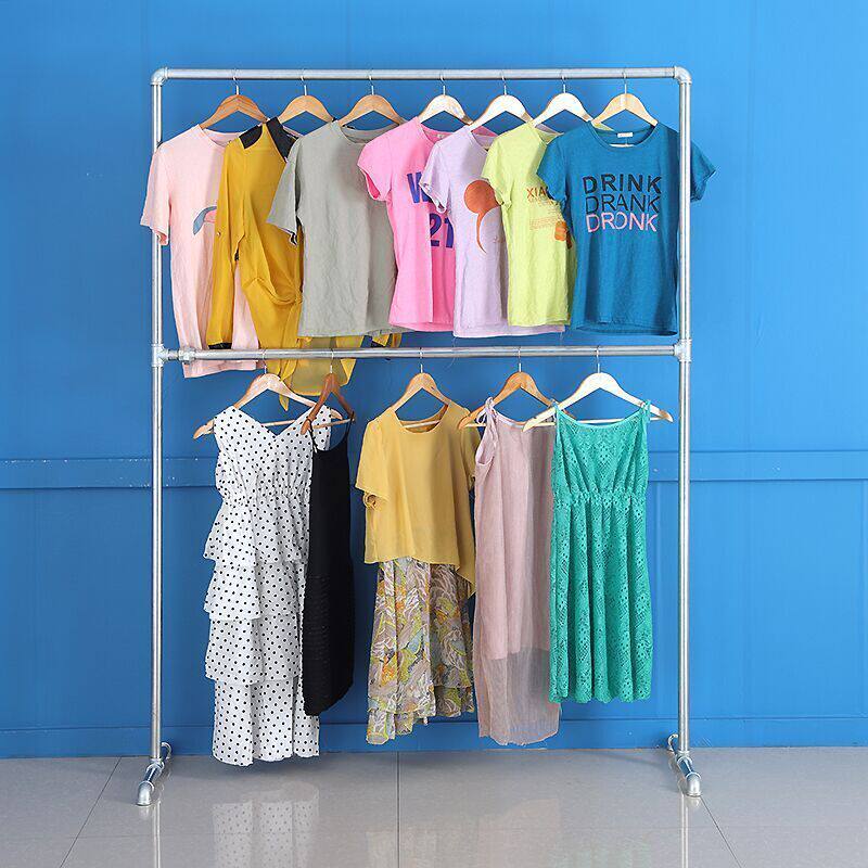 Thickened Water Pipe Clothes Hanger Clothing Display Rack Double-Layer Iron Floor Rack Retro Gantry Rack Clothing Store Display Rack