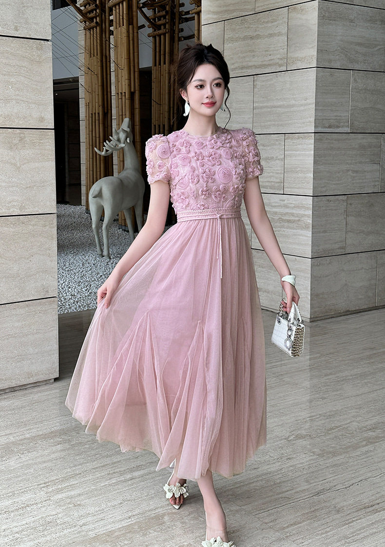Đầm suông nữ tay ngắn cổ tròn chất liệu lưới voan phối ren nổi 3D — [Hồng], [Mơ] chi tiết 17