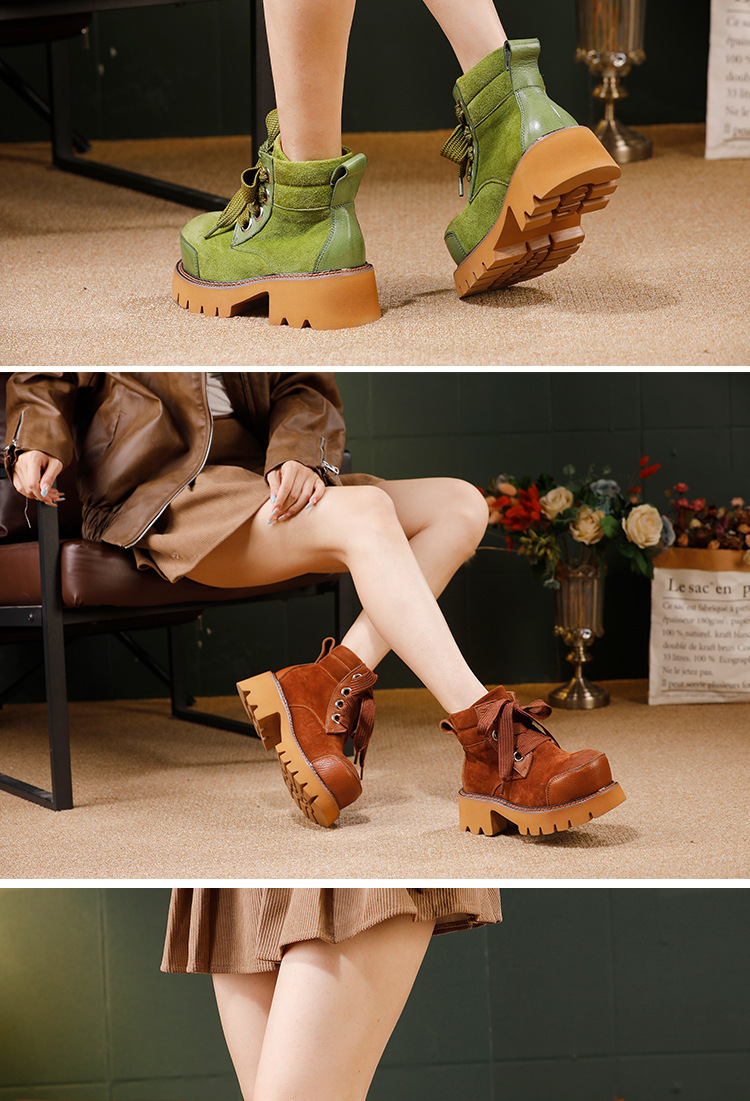 Boot Martin nữ da bò thật buộc dây mũi tròn gót vuông — màu xanh lá cây, nâu