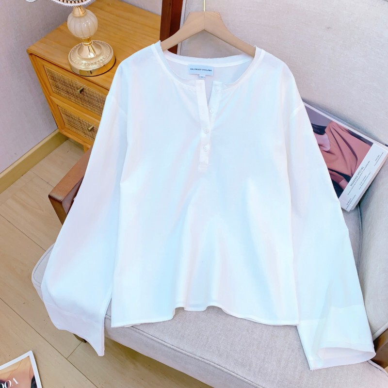 Bộ đôi sơ mi nữ tay loe chất liệu cotton lanh dáng ôm phong cách tối giản — Màu trắng