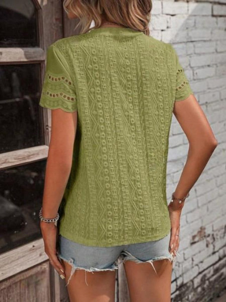 Casual Short Sleeve V Neck Shirt Summer Ready Solid Color Pleated Design Embroidered Details Wholesale Available