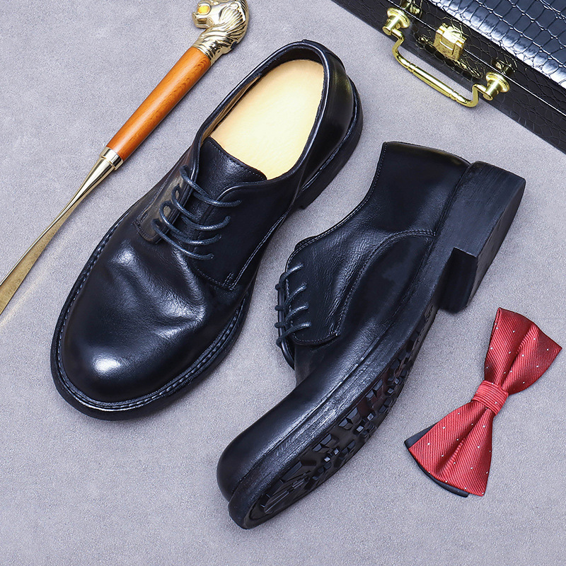 Giày Derby nam da bò thật mũi tròn đế da khâu tay Goodyear — Màu đen