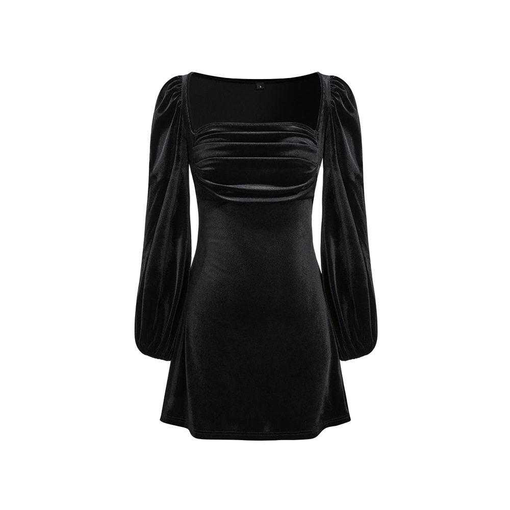 A Line Velvet Dress Slimming Waist Design Long Sleeves Square Neck Autumn Winter Party Wear Wholesale Available