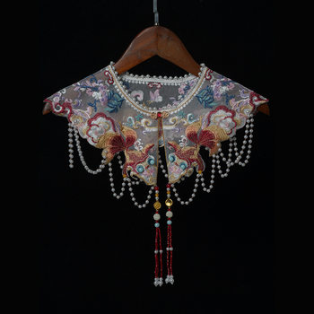 Heavy Pearl Pendant Ancient Style Shoulder Goldfish Embroidery Decorative Fake Collar for Women and Girls Adult Outerwear Shawl for Cheongsam