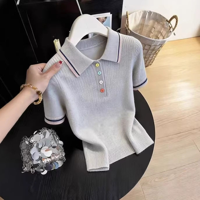 巨好看绝美小个子漂亮polo领撞色针织短袖女彩色扣子显瘦气质上衣