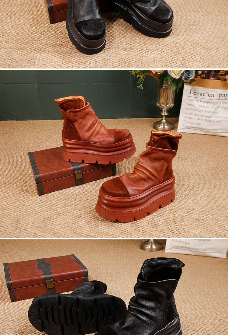 Boot nữ cổ thấp da bò thật đế dày phong cách cổ điển — màu đen, nâu
