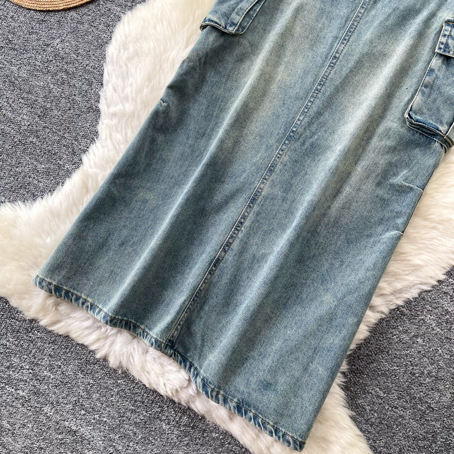 High Waisted Denim A Line Skirt Korean Style Utility Pockets Slim Fit Spring Fashion Versatile for Work Wholesale