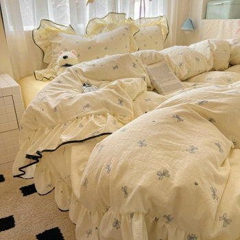 Cream Lace Girly Pink Plaid Korean Style Bed Four-Piece Set Washed Cotton Double-Layer Gauze Quilt Cover Dormitory Three-Piece Fitted Sheet Set