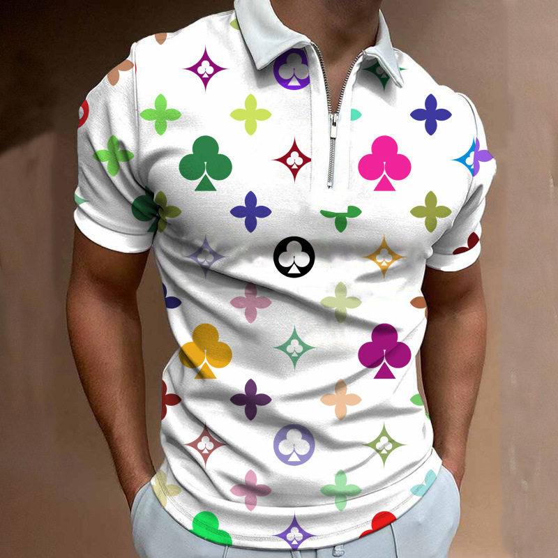 外贸亚马逊春夏新款男士翻领上衣数码印花时尚休闲拉链短袖Polo衫