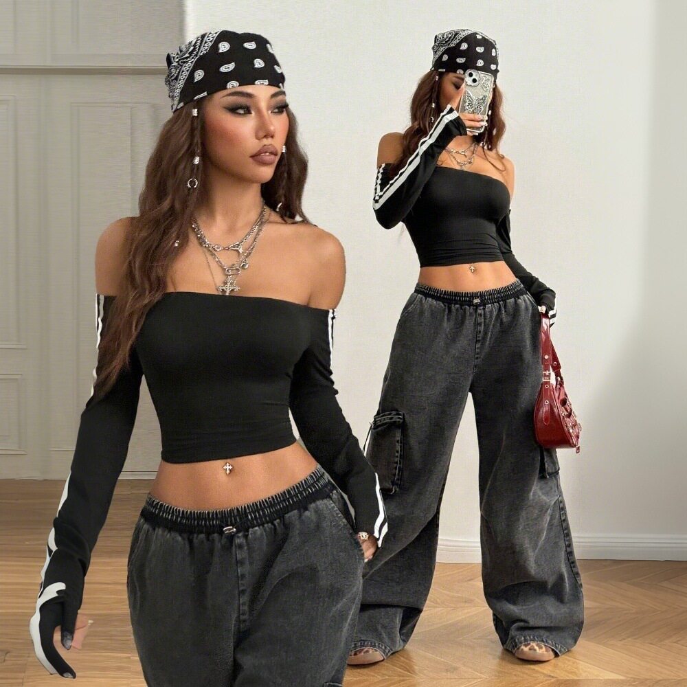 Short Sleeve Color Block Crop Top Stylish Streetwear Design Perfect for Spring and Summer Wholesale Available
